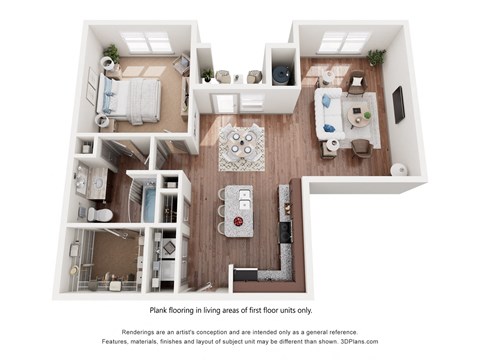 A 3D floor plan of a one-bedroom apartment with plank flooring in the living areas of the first floor units only. in DestinFL